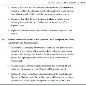 A snapshot of the content about the Supreme Court in the <a href="https://www.cde.ca.gov/ci/hs/cf/documents/hssappendices.pdf" rel="noopener" target="_blank">California History–Social Science Content Standards</a>.