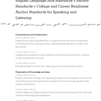 Snapshot of the Comprehension and Collaboration and Presentation of Knowledge and Ideas sections of the <a href="http://www.corestandards.org/ELA-Literacy/CCRA/SL/" rel="noopener" target="_blank">Common Core Anchor Standards for Speaking and Listening</a>